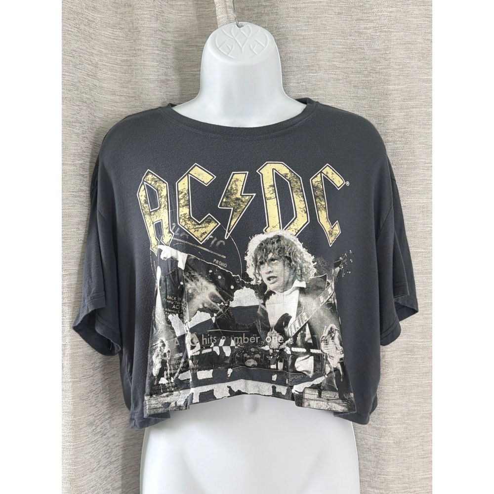 Romwe AC/DC Graphic Crop Top Charcoal Grey Band Tee Medium